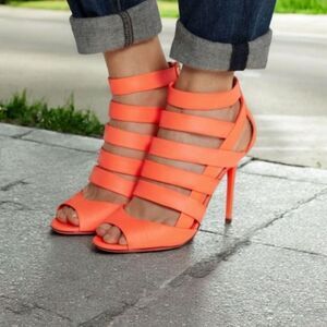 Jimmy Choo Neon Flame Nappa Caged Leather Sandals Heels Size 36.5 US 6.5